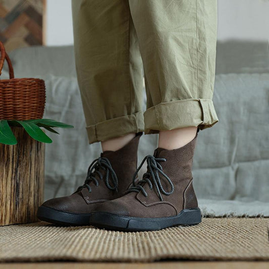 Handmade Genuine Leather Biker Boots Lace-Up Combat Boots Retro Chunky Ankle Boots 2020 Winter Boots Khaki/Dark Grey