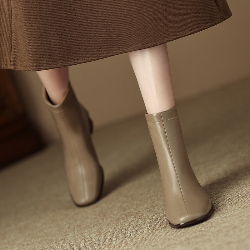 Classic Elegant Chelsea Boots Mid Heel Back Zipper Stretch Boots Square Toe Sock Boots White/Khaki
