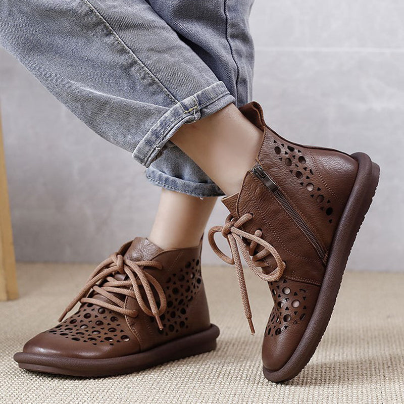 Womens Handmade Cut Out Leather Ankle Boots For Summer Lace Up in Coffee/Golden