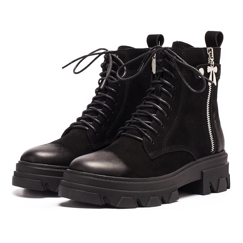 Fashion Cowhide Combat Boots Designer Retro Chunky Riding Boots Side Zip Black Matte / Black Smooth / Black Litchi