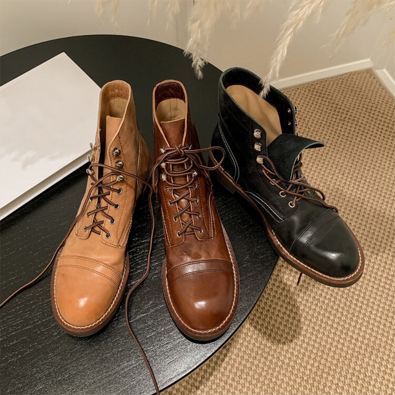 Handmade Leather Derby Boots Biker Boots Lace-Up Combat Boots Chunky Ankle Boots