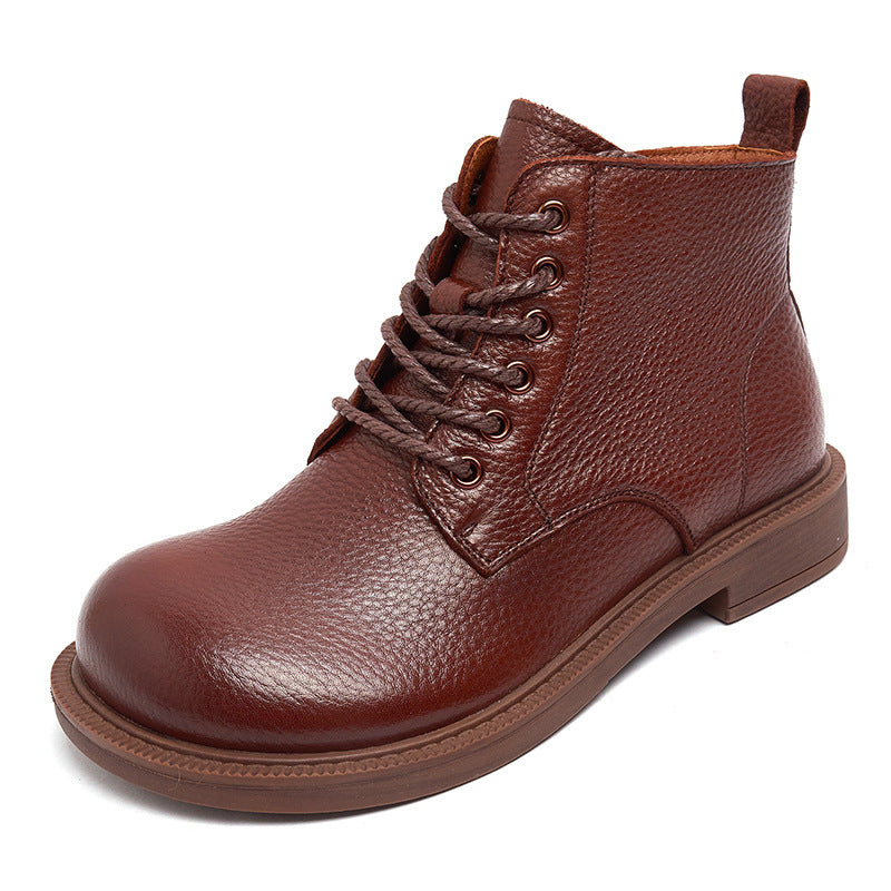 Wide Toes Handmade Genuine Leather Boots Lace-Up Combat Boots Retro Chunky Ankle Boots