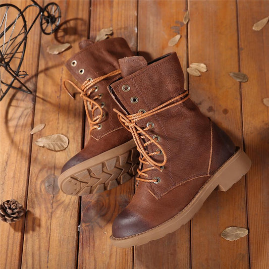 Women Retro Leather Lace Up Combat Boots Black/Brown/Khaki