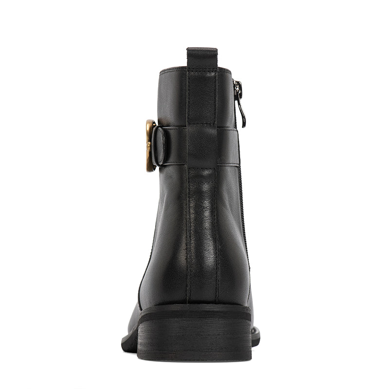 Designer Shoes Genuine Leather Round Toe Side Zip Low Heels Chic Mid-Calf Boots Black Leather Lining