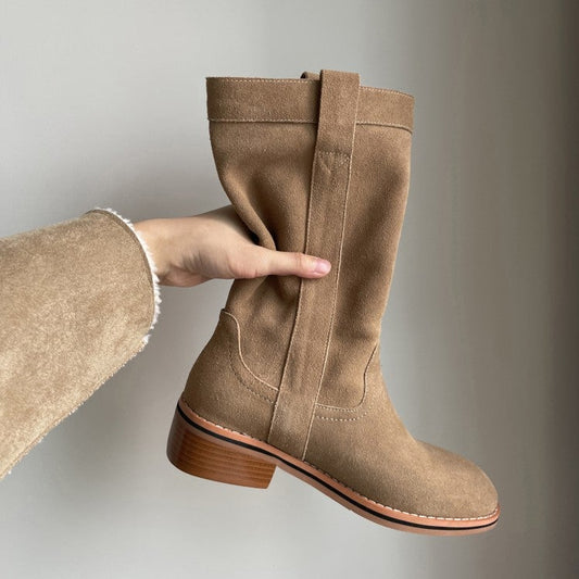 Womens Suede Leather Mid Calf Boots In Black/Khaki