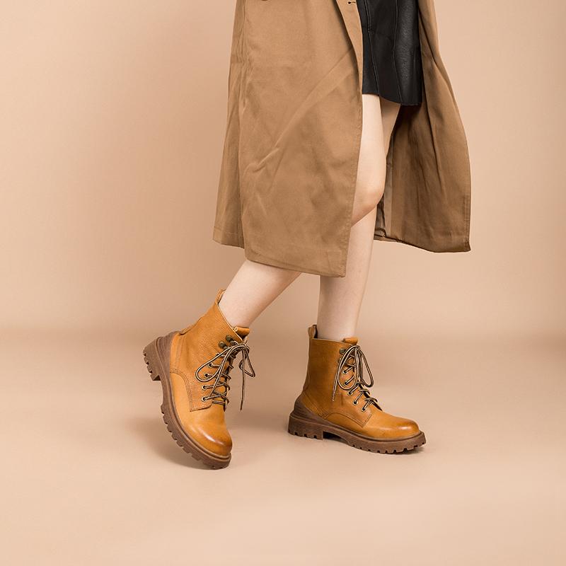 Leather Boots Designer Retro Chunky Riding Boots Handmade Black/Yellow