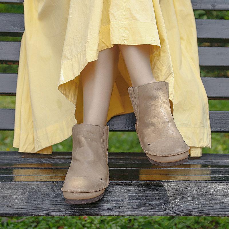 Retro Genuine Leather Soft Flat Boots For Women Round Toe Chelsea Boots Wide Fit Apricot Coffee