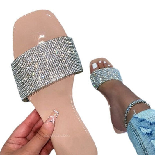 Women's Size Flat Bottom Rhinestone Square Toe Sandals