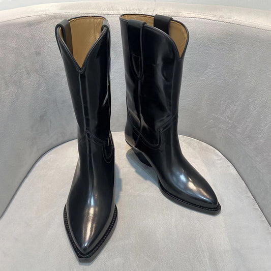 Womens Western Boots Mid Calf Black Leather Cowgirl Boots