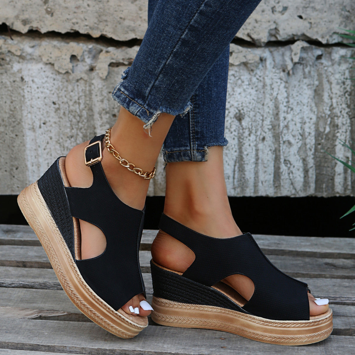 Buckle Detail Slingback Wedge Sandals