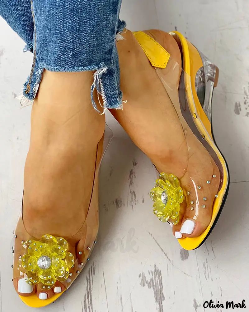 Rhinestone Flower Pattern Transparent Wedge Sandals