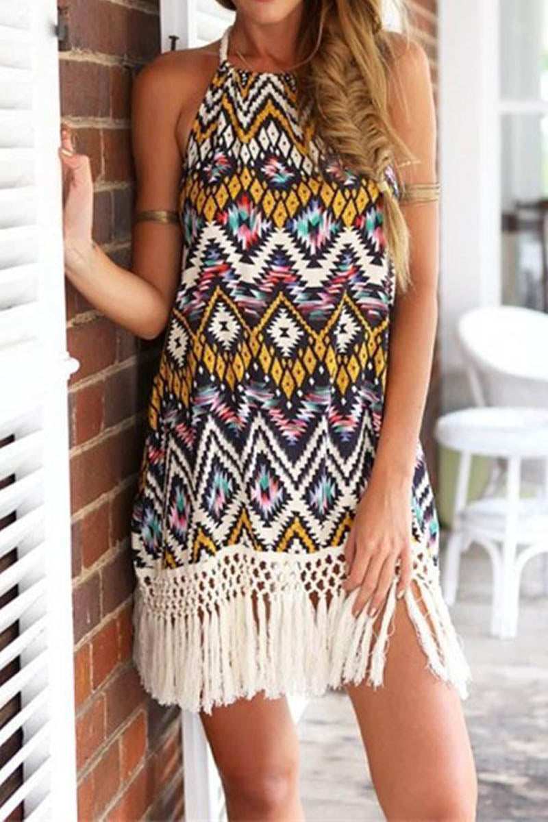 Tribal Printed Halter Neck Fringed Mini Dress