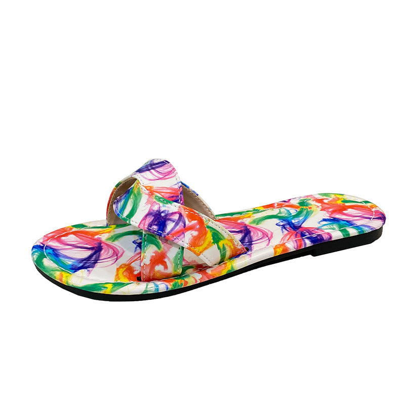 Women's Size Flat Bottom Color One-line Outdoor Cross Sandals