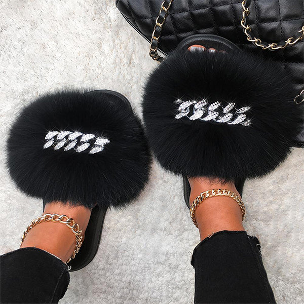 Fur Fluffy Flip Flops Diamond Chain Slippers