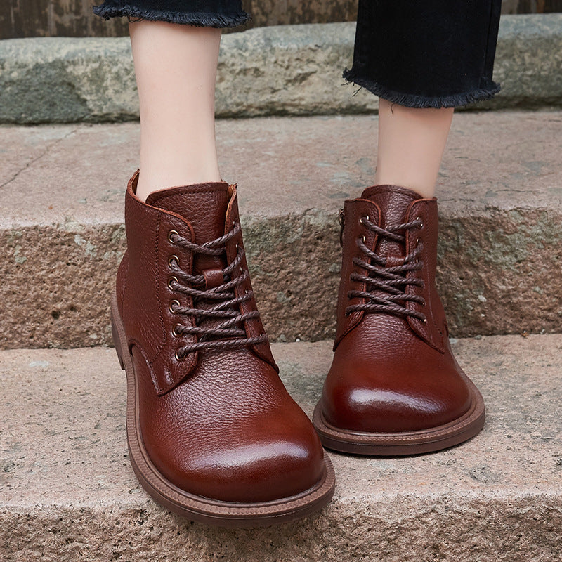Wide Toes Handmade Genuine Leather Boots Lace-Up Combat Boots Retro Chunky Ankle Boots