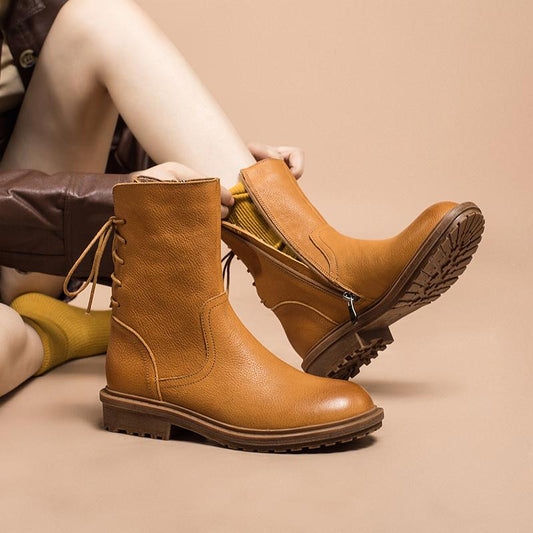 Leather Boots Designer Retro Chunky Riding Back Lace Handmade Coffee/Black/Yellow
