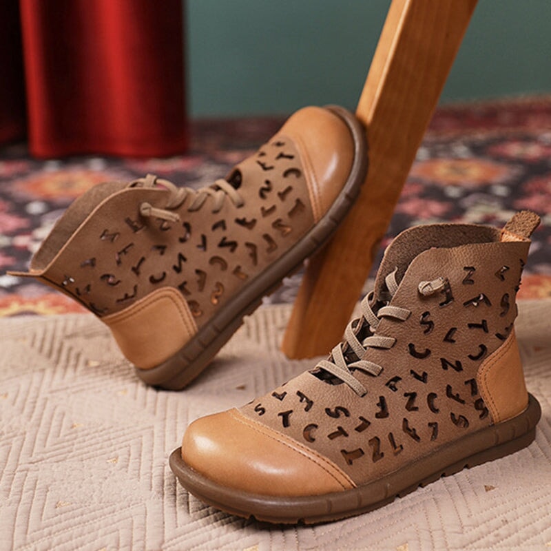 Breathable Perforated Short Boots Cut Out Summer Boots in Khaki/Coffee