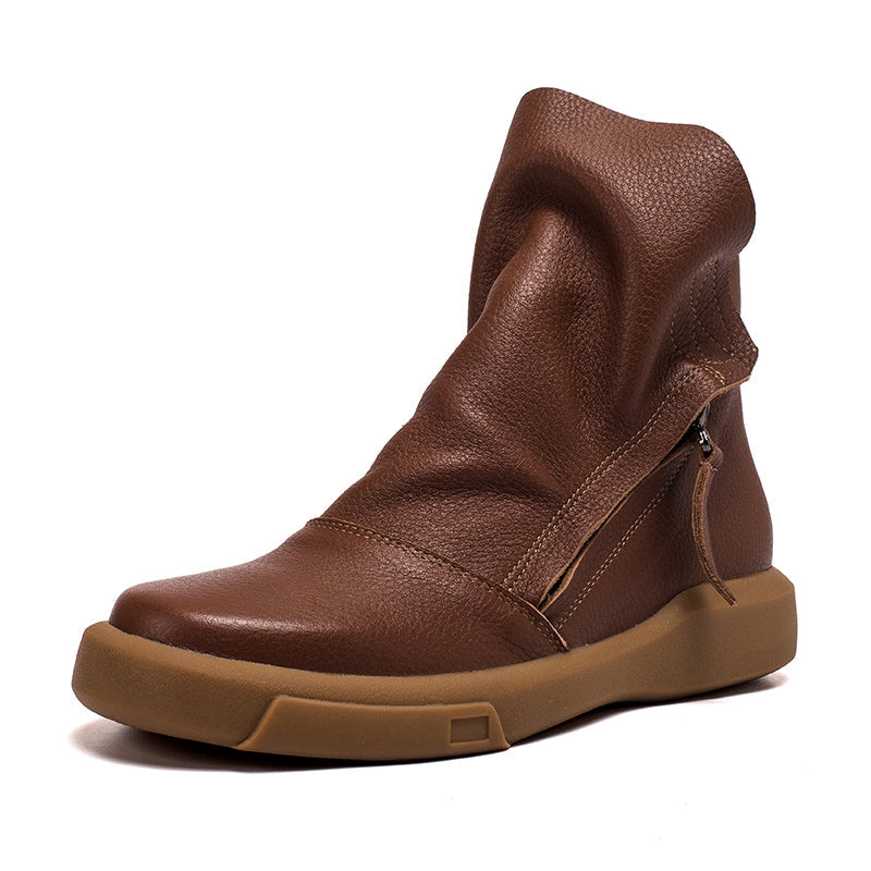 Soft Cowhide Leather Zip Boots Retro Women Chunky Ankle Boots Black/Coffee/khaki