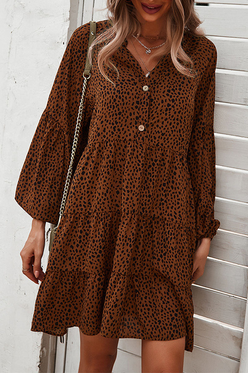 V Neck Leopard Print Button Design Loose Mini Dress