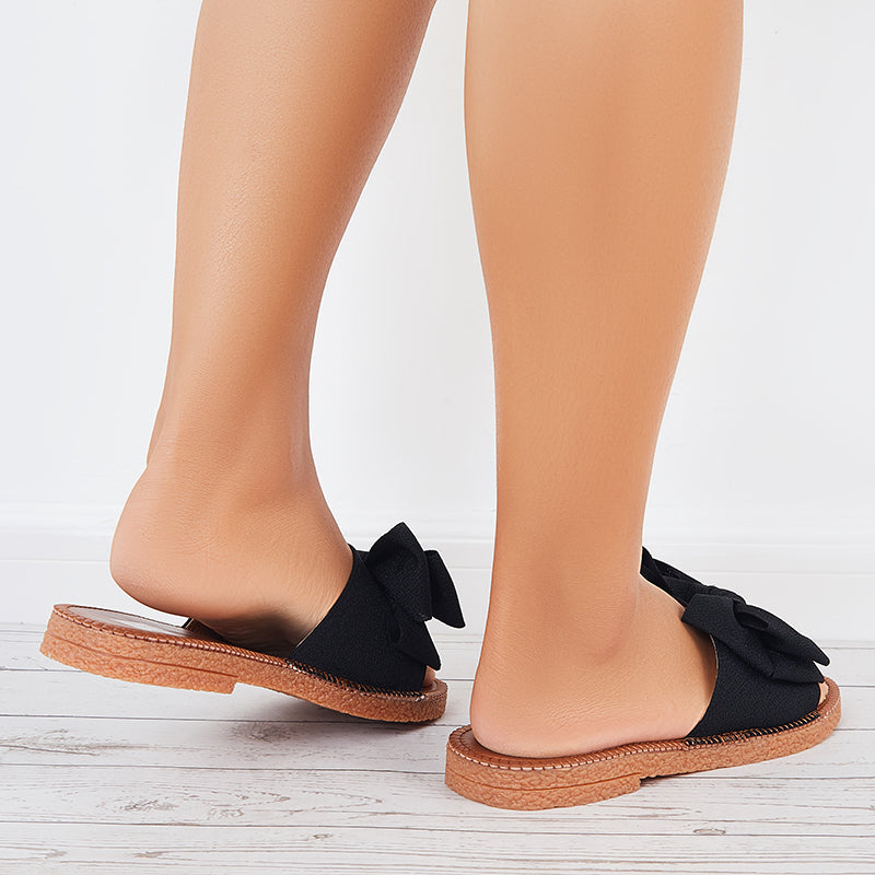 Bow Flat Slide Sandals Open Toe Slip on Beach Slippers