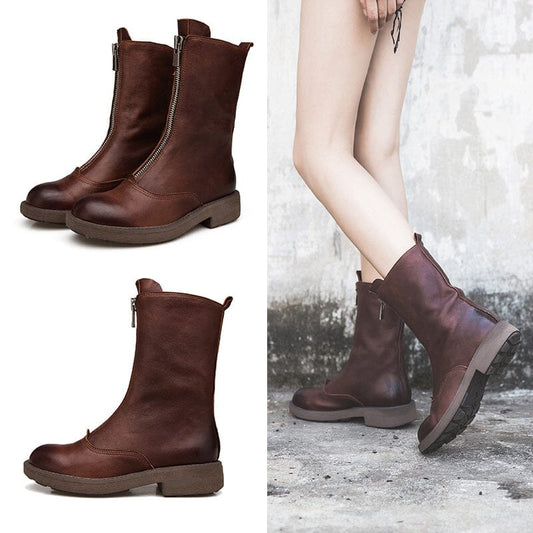 Comfortable Leather Ankle Boots Walking Round Boots Up Zip in Brown/Black