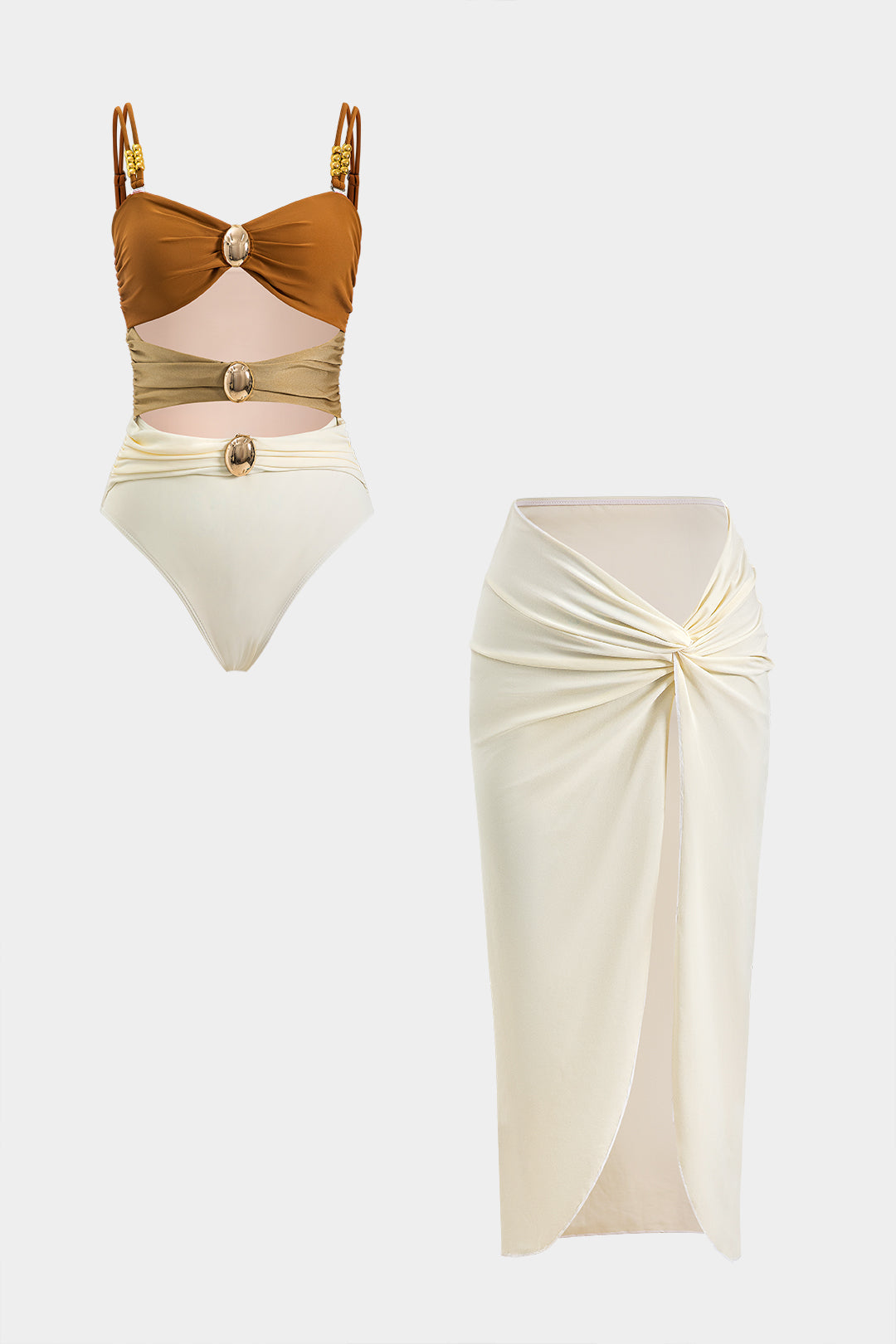 Tummy Control Cut Out Slip Swimwear And Ruched Slit Cover Up Set