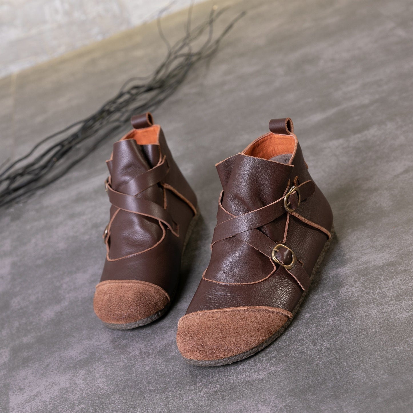 Handmade Women'S Leather Flat Ankle Boots Stitching With  Black/Coffee Booties