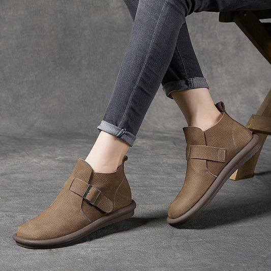 Women's Ankle Boots Leather Round Toe Retro Flat Shoes Casual Buckle Boots Khaki/Coffee