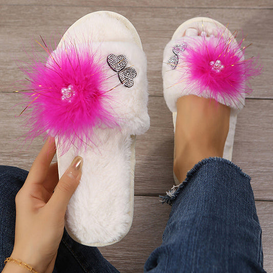 Rhinestone Embrellished Fluffy Flat Slippers