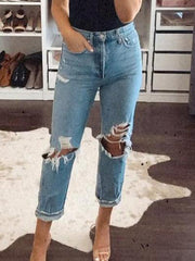 Casual Distressed Ripped Hole Mid-rise Straight Jeans