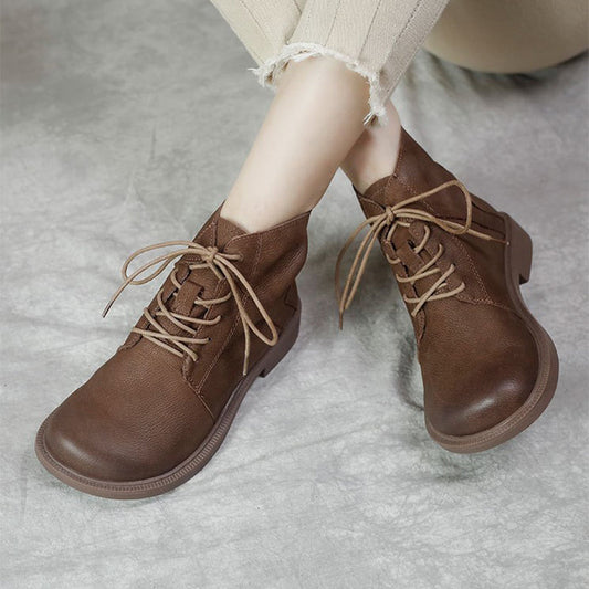 Wide Toes Handmade Genuine Leather Boots Lace-Up Combat Boots Retro Chunky Ankle Boots