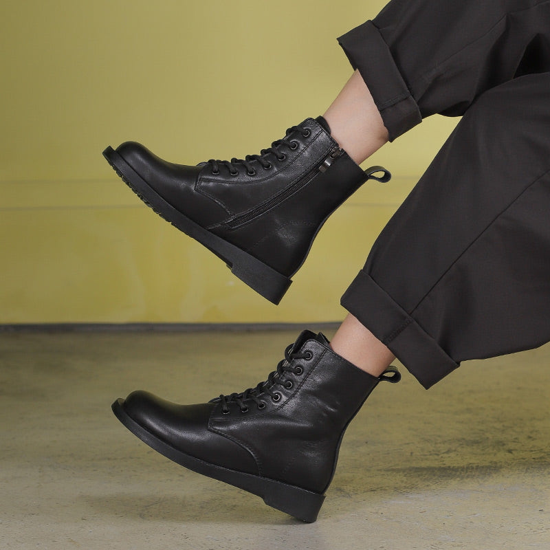 Winter Boots Handmade Genuine Leather Lace-Up Combat Boots Retro Boots Chunky Ankle Boots Black/Coffee