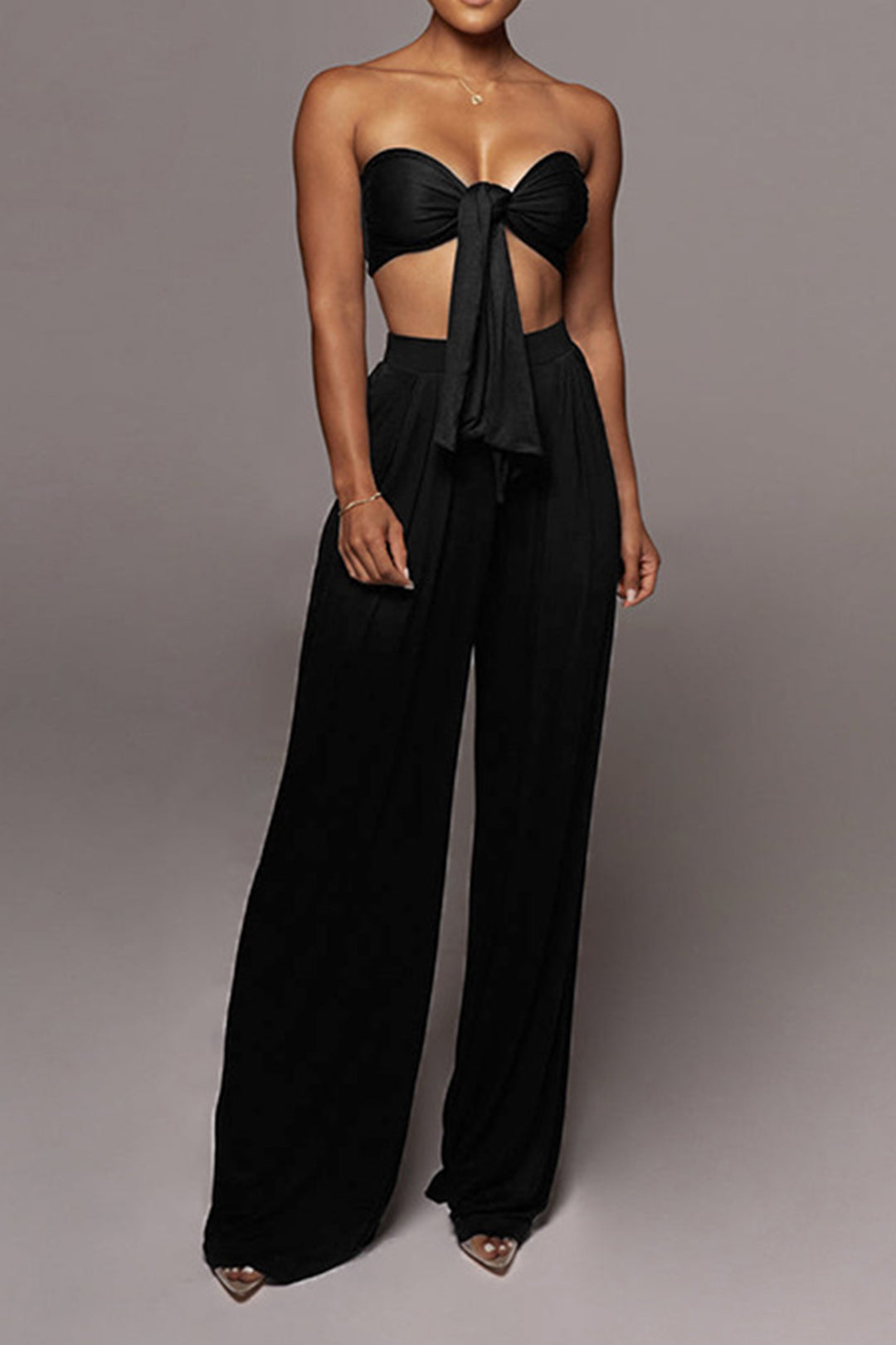 Tie Knot Front Ruched Tube Top And Pleated Wide Leg Pants