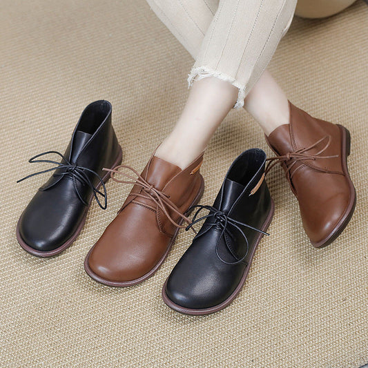 Women's Leather Booties Round Toe Lace-Up Flat Ankle Boots Handmade in Camel/Black