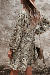 V Neck Leopard Print Button Design Loose Mini Dress