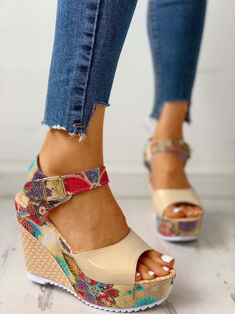 Floral Peep-toe Platform Wedge Sandals