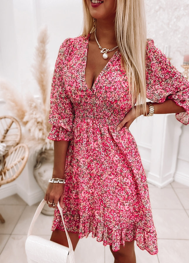 Tiny Floral Shirred Short Ruffle Mini Dress