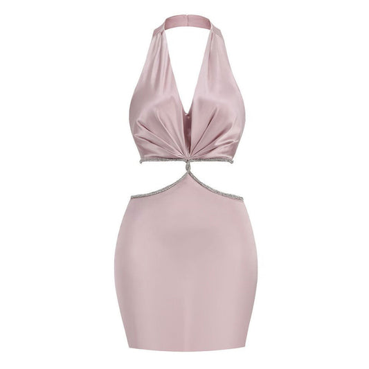 Glossy Satin Ruched Halter V Neck Sleeveless Crystal CutOut Mini Party Dress