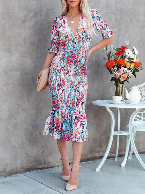 Women's Floral V Neck Elastic Waist Ruffle Dress