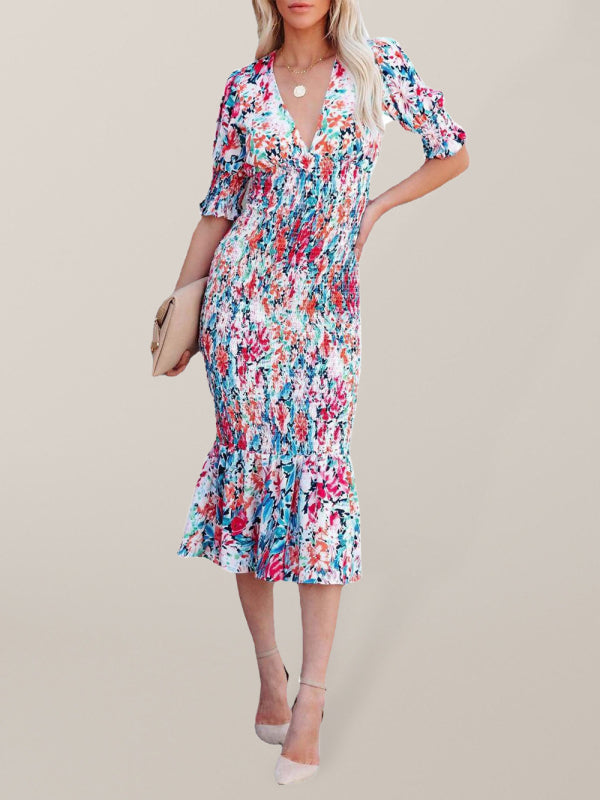 Women's Floral V Neck Elastic Waist Ruffle Dress