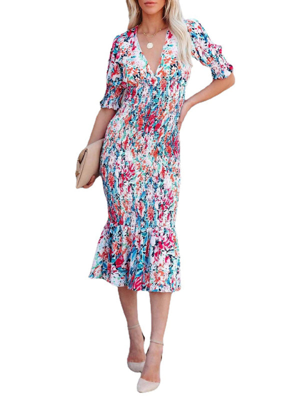 Women's Floral V Neck Elastic Waist Ruffle Dress