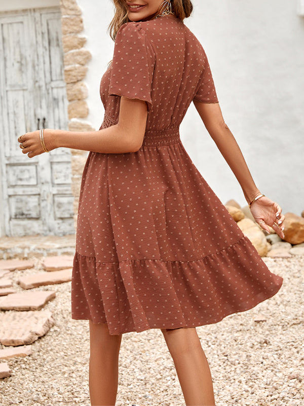 Women's Lace Stitching V-neck Solid Color Ruffle Sleeve Dress