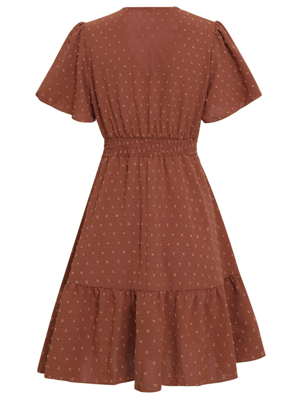 Women's Lace Stitching V-neck Solid Color Ruffle Sleeve Dress