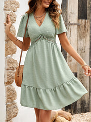 Women's Lace Stitching V-neck Solid Color Ruffle Sleeve Dress