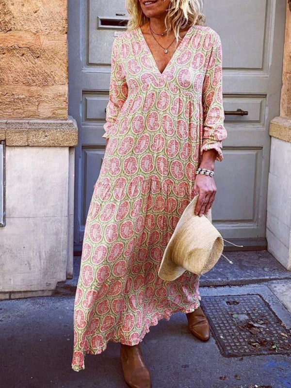 Sexy V-neck long-sleeved printed loose long dress