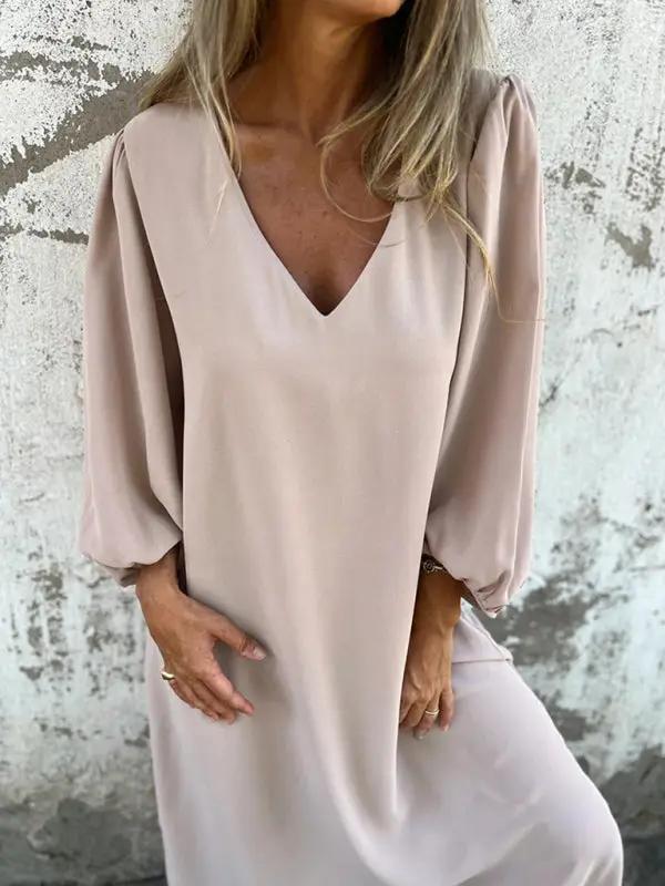 Casual loose V-neck solid color women's lantern sleeve dress