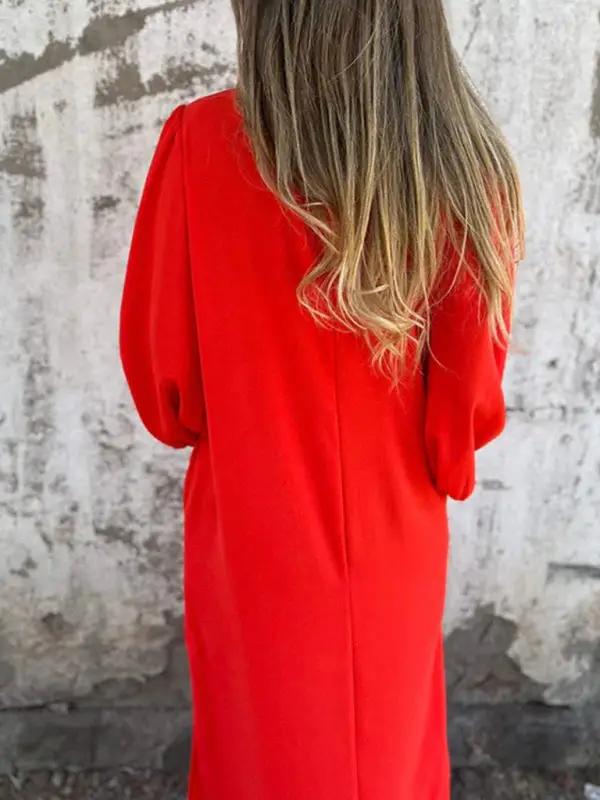 Casual loose V-neck solid color women's lantern sleeve dress