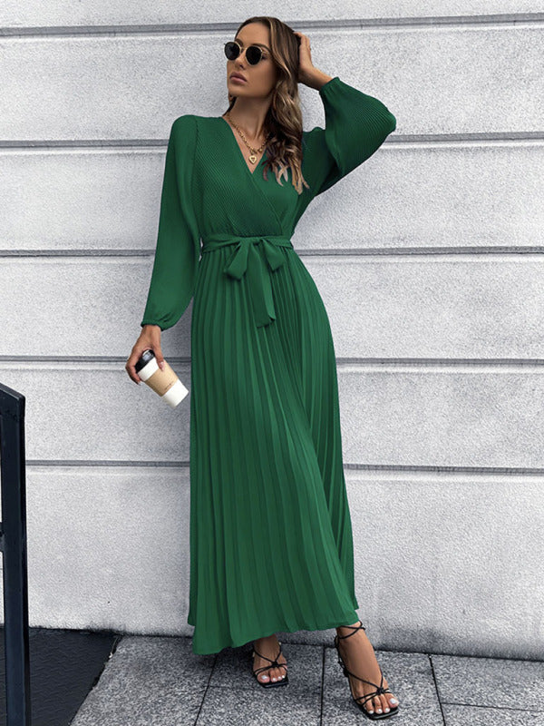 V-neck long-sleeved pleated A-line midi dress