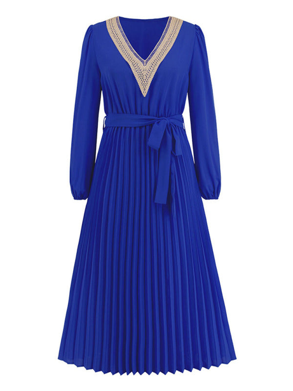 V-neck lace pleated dress mid-length A-line skirt