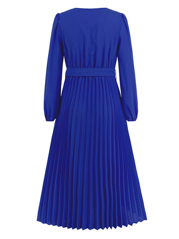V-neck lace pleated dress mid-length A-line skirt